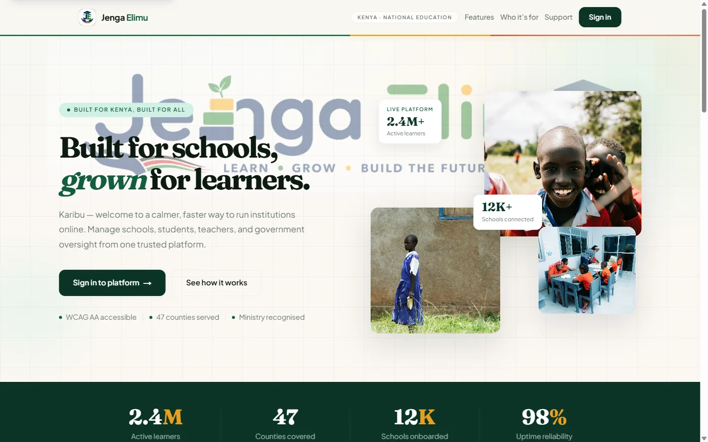 Jenga Elimu homepage for Kenyan school and education operations