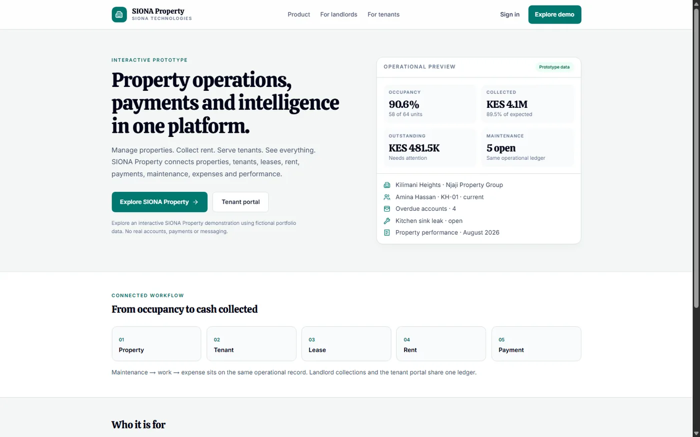 SIONA Property prototype dashboard for rental operations