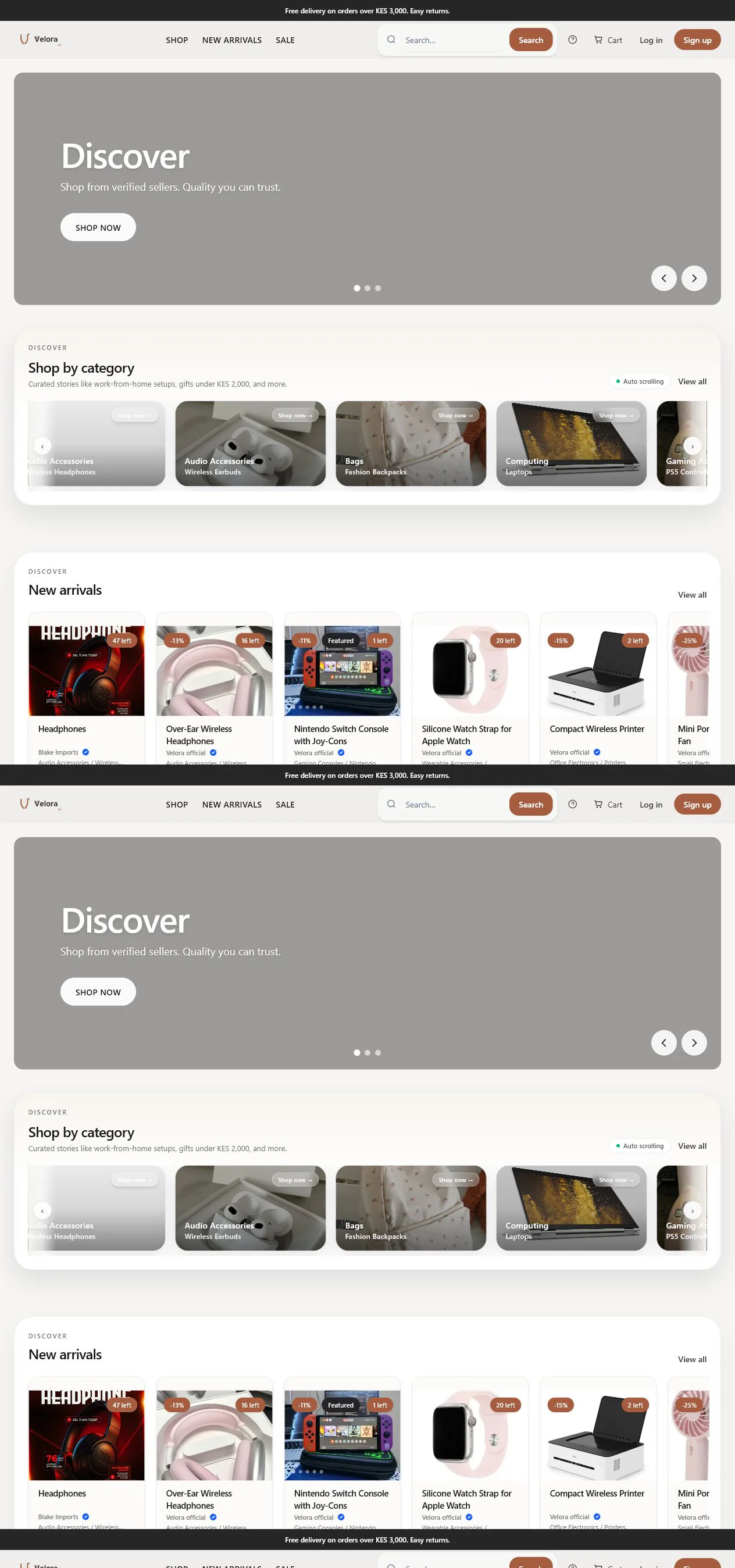 Velora Marketplace homepage showing product discovery and shopping categories