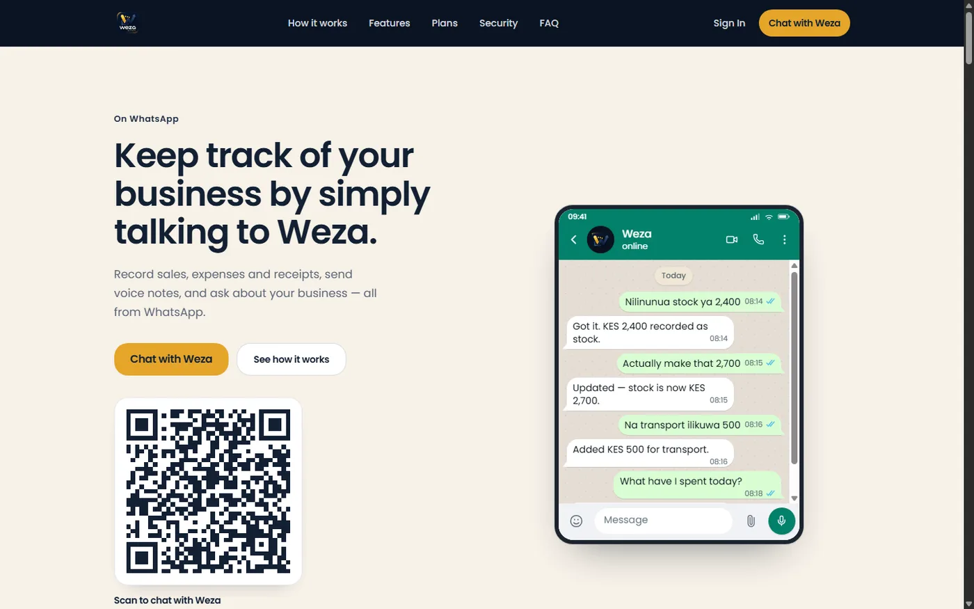 Weza AI homepage showing the WhatsApp business assistant product